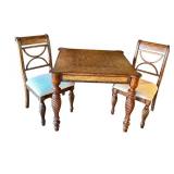 LR - Square Wood Dining Table with 2 Upholstered Chairs and Drawers