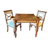 LR - Square Wood Dining Table with 2 Upholstered Chairs and Drawers
