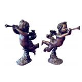 LR - Pair of Department 56 Cast Metal Cherub Candle Holders with Trumpets
