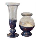 Domar Israel 925 Sterling Silver and Glass Vase Pair with Malachite, Carnelian, and Onyx Accents