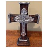 LR - Decorative Wooden and Metal Cross, Made in Mexico, 15.5 Inch Tall