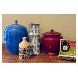 Asian-Inspired Ceramic Decor Set with Jars, Vase, and Tea-Themed Plates