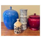 Asian-Inspired Ceramic Decor Set with Jars, Vase, and Tea-Themed Plates