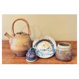 LR - Handcrafted Pottery Set with Teapot, Cup, Plate and Small Pitcher