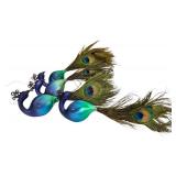 K - Set of 3 Peacock Ornaments with Glass Body and Real Feathers