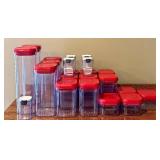 K - Set of 14 Clear Plastic Food Storage Containers with Red Lids and 4 Mini Containers