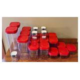 K - Set of 14 Clear Plastic Food Storage Containers with Red Lids and 4 Mini Containers