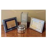 LR - Home Decor Collection with 2 Silver Picture Frames, Glass Candle Holder, and Anthropologie Candle