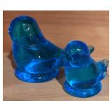 LL  - Set of 2 Leo Ward Blue Art Glass Bird Figurines