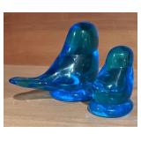 LL  - Set of 2 Leo Ward Blue Art Glass Bird Figurines