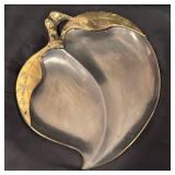 LL  - Vintage Leaf Shaped Metal Serving Dish with Brass Accents from Hong Kong