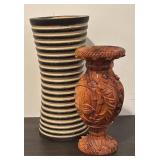 LL  - Set of 2 Wooden Vases Including Striped and Hand-Carved Leaf Design