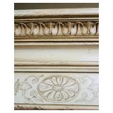 BS - Tall Cream Wood Bookcase with Ornate Carved Details and Drop-Down Door