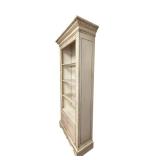 BS - Tall Cream Wood Bookcase with Ornate Carved Details and Drop-Down Door
