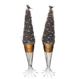 LR - Pair of 42-Inch Metal Topiary Sculptures with Bird Accents
