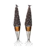 LR - Pair of 42-Inch Metal Topiary Sculptures with Bird Accents