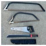 G - Lot of 4 Hand Saws Including Bow Saws, Machete, and Hand Saw