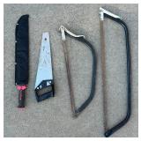 G - Lot of 4 Hand Saws Including Bow Saws, Machete, and Hand Saw