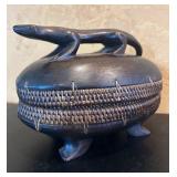 LR - African Tribal Lizard Motif Wood and Woven Lidded Basket Box