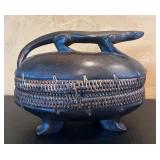 LR - African Tribal Lizard Motif Wood and Woven Lidded Basket Box