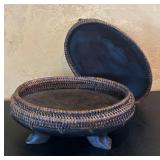 LR - African Tribal Lizard Motif Wood and Woven Lidded Basket Box