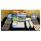 LR - Collection of Over and Back Stoneware Serving Dishes and Decorative Plates