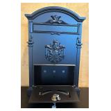 LR - Blue Wall-Mount Locking Mailbox with Crest Design and Keys, 18 Inch Height