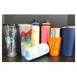 K - Collection of 7 Assorted Thermal Tumblers and Water Bottles Including Hydro Flask, Camelbak, and Starbucks