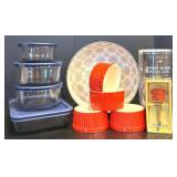K - Kitchen Storage and Serveware Lot with Pfaltzgraff Bowl, Pyrex, Anchor Hocking, Red Ramekins, and Bombay Prep Bowls