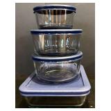 K - Kitchen Storage and Serveware Lot with Pfaltzgraff Bowl, Pyrex, Anchor Hocking, Red Ramekins, and Bombay Prep Bowls