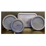 K - Kitchen Storage and Serveware Lot with Pfaltzgraff Bowl, Pyrex, Anchor Hocking, Red Ramekins, and Bombay Prep Bowls