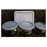 K - Kitchen Storage and Serveware Lot with Pfaltzgraff Bowl, Pyrex, Anchor Hocking, Red Ramekins, and Bombay Prep Bowls