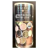 K - Kitchen Storage and Serveware Lot with Pfaltzgraff Bowl, Pyrex, Anchor Hocking, Red Ramekins, and Bombay Prep Bowls