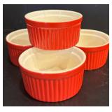 K - Kitchen Storage and Serveware Lot with Pfaltzgraff Bowl, Pyrex, Anchor Hocking, Red Ramekins, and Bombay Prep Bowls