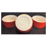 K - Kitchen Storage and Serveware Lot with Pfaltzgraff Bowl, Pyrex, Anchor Hocking, Red Ramekins, and Bombay Prep Bowls