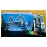 LR - Holiday Outdoor Lighting Bundle with Icicle Lights, Confetti Light, Power Stake, and 15ft Remote Cord