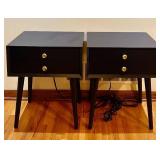 ENT - Pair of Modern Black Wood Nightstands with Drawers and Built-In Outlets