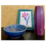 LR - Decor Collection with Signed Blue Pottery Bowl, Tall Purple Vase, and Floral Key Cabinet