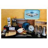 K - Large Kitchenware Collection with Sango Avanti Plates, Flatware Set, Misto Olive Oil Sprayer, Trays, and Accessories