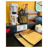 K - Large Kitchenware Collection with Sango Avanti Plates, Flatware Set, Misto Olive Oil Sprayer, Trays, and Accessories