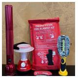 LR - Emergency Preparedness Set with Fire Blanket, 14.5in Flashlight, Lantern, Utility Light, and Folding Knife