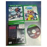 Four Xbox One video game items, including used copies of "Skate," "The Sims 4 Deluxe Party Edition," "Inside," and a disc for "NBA 2K20".