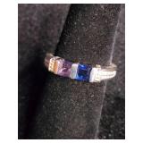 Modern Purple Tanzanite and Blue Sapphire Ring with Baguette Diamonds Sterling Silver - Size 8
