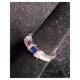 Modern Purple Tanzanite and Blue Sapphire Ring with Baguette Diamonds Sterling Silver - Size 8