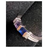 Modern Purple Tanzanite and Blue Sapphire Ring with Baguette Diamonds Sterling Silver - Size 8