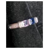 Modern Purple Tanzanite and Blue Sapphire Ring with Baguette Diamonds Sterling Silver - Size 8