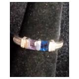 Modern Purple Tanzanite and Blue Sapphire Ring with Baguette Diamonds Sterling Silver - Size 8