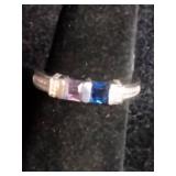 Modern Purple Tanzanite and Blue Sapphire Ring with Baguette Diamonds Sterling Silver - Size 8