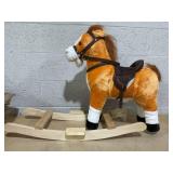 Qaba Kids Plush Toy Rocking Horse, Wooden Ride-on Chair, Plush Animal Rocker with Realistic Sounds and Moving Tail for Toddlers, Brown