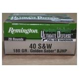 20 Remington Ultimate Defense .40 S&W 180 Gr Golden Saber BJ HP Ammo